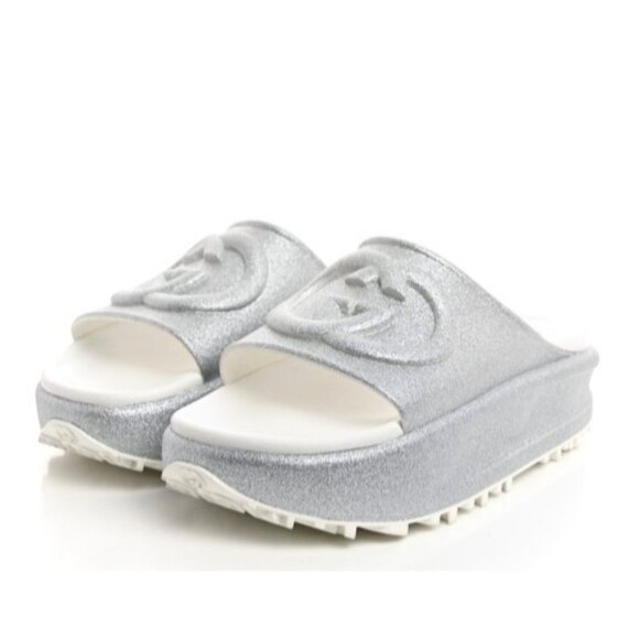 Gucci Glitter Rubber Interlocking G Platform Sandals Silver EU40 - Picture 1 of 13
